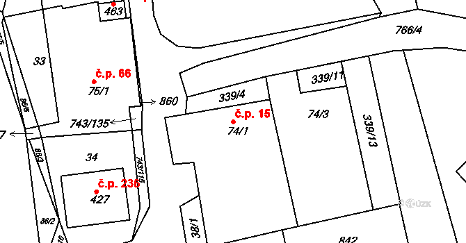 Škrdlovice 15 na parcele st. 74/1 v KÚ Škrdlovice, Katastrální mapa