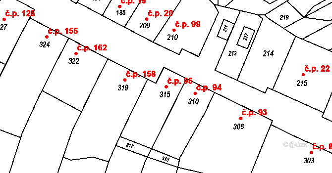 Milešovice 95 na parcele st. 315 v KÚ Milešovice, Katastrální mapa