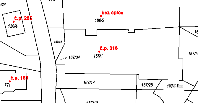 Jenišov 316 na parcele st. 186/1 v KÚ Jenišov, Katastrální mapa