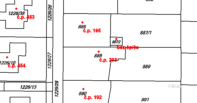 Slavkov 203 na parcele st. 888 v KÚ Slavkov u Opavy, Katastrální mapa