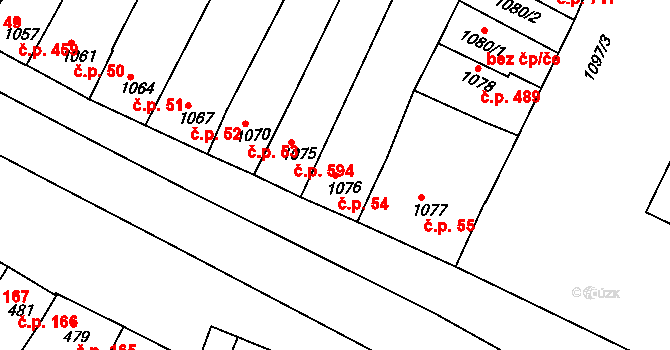 Hluk 54 na parcele st. 1076 v KÚ Hluk, Katastrální mapa