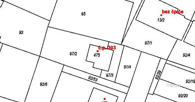 Černožice 303 na parcele st. 475 v KÚ Černožice nad Labem, Katastrální mapa