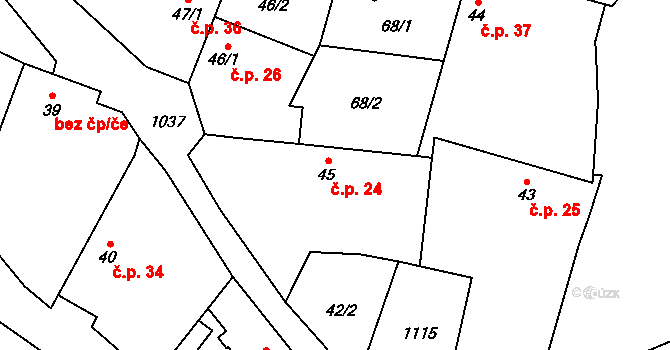 Tuhaň 24 na parcele st. 45 v KÚ Tuhaň, Katastrální mapa