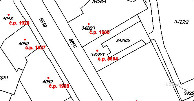 Jihlava 5654 na parcele st. 3428/1 v KÚ Jihlava, Katastrální mapa