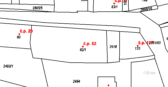 Ledce 52 na parcele st. 62/1 v KÚ Ledce u Plzně, Katastrální mapa