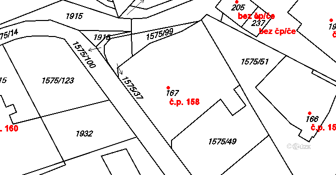 Hrádek 158 na parcele st. 167 v KÚ Hrádek u Rokycan, Katastrální mapa