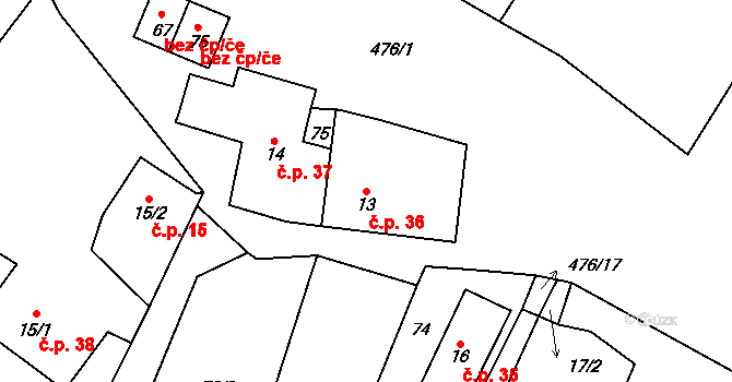 Slotov 36, Heřmanice na parcele st. 13 v KÚ Slotov, Katastrální mapa