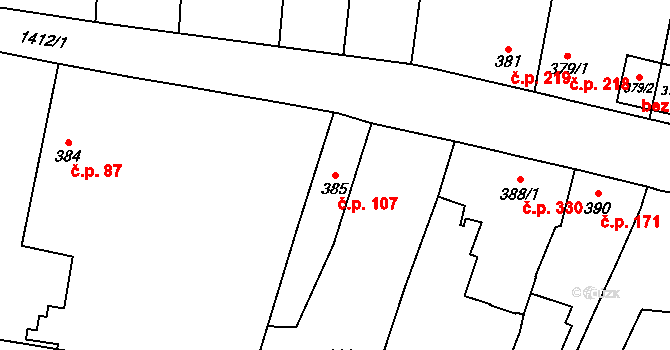 Vejprnice 107 na parcele st. 385 v KÚ Vejprnice, Katastrální mapa