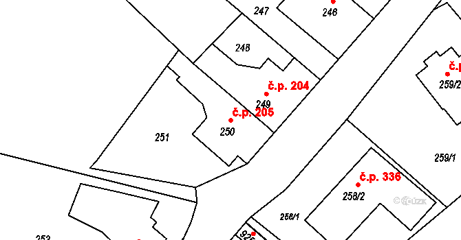 Olomučany 205 na parcele st. 250 v KÚ Olomučany, Katastrální mapa