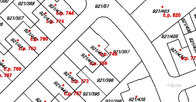 Hostavice 745, Praha na parcele st. 921/433 v KÚ Hostavice, Katastrální mapa