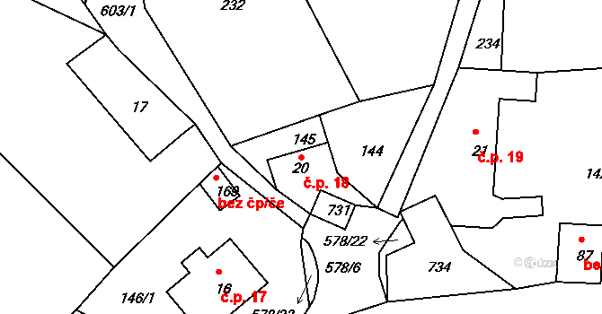 Hněvkov 18, Zábřeh na parcele st. 20 v KÚ Hněvkov, Katastrální mapa