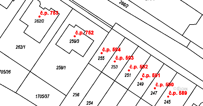 Loštice 594 na parcele st. 255 v KÚ Loštice, Katastrální mapa