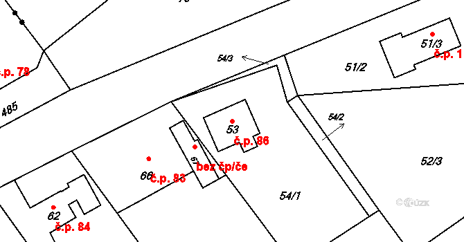 Hůrka 86, Jeseník nad Odrou na parcele st. 53 v KÚ Hůrka, Katastrální mapa
