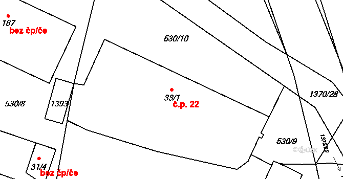 Vrchy 22 na parcele st. 33/1 v KÚ Vrchy, Katastrální mapa