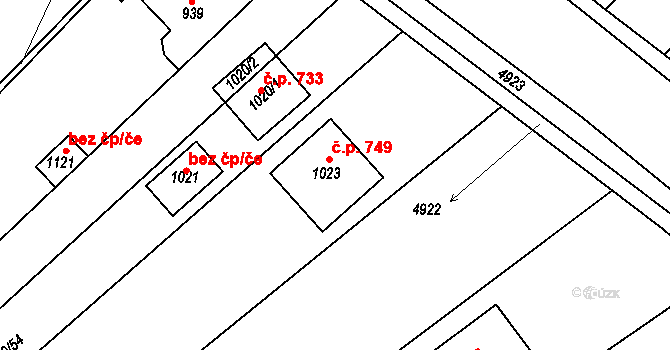 Boršice 749 na parcele st. 1023 v KÚ Boršice u Buchlovic, Katastrální mapa