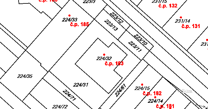 Skoronice 183 na parcele st. 224/32 v KÚ Skoronice, Katastrální mapa