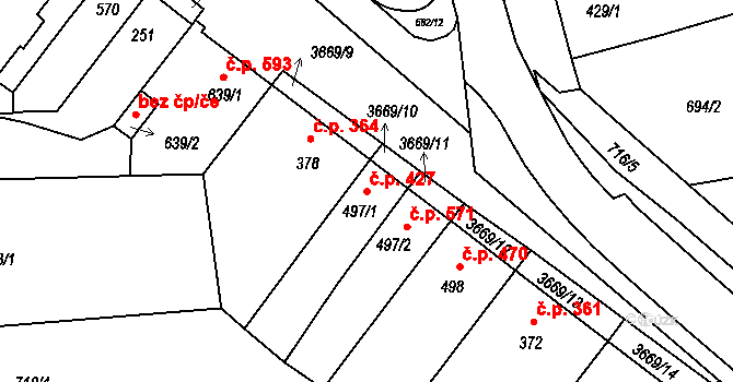 Žirovnice 427 na parcele st. 497/1 v KÚ Žirovnice, Katastrální mapa