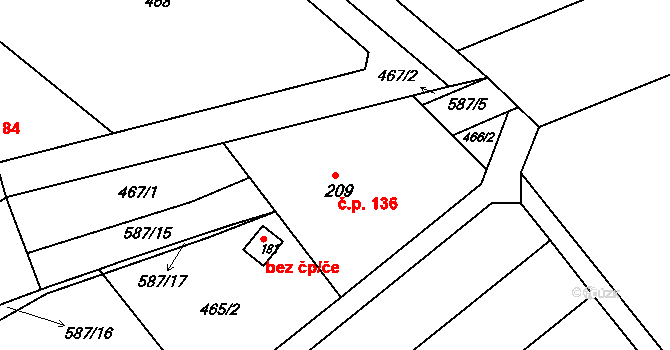 Šelešovice 136 na parcele st. 209 v KÚ Šelešovice, Katastrální mapa