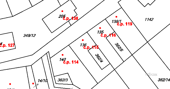 Měcholupy 115 na parcele st. 136 v KÚ Měcholupy u Žatce, Katastrální mapa