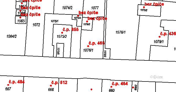 Podbořany 465 na parcele st. 1076/1 v KÚ Podbořany, Katastrální mapa