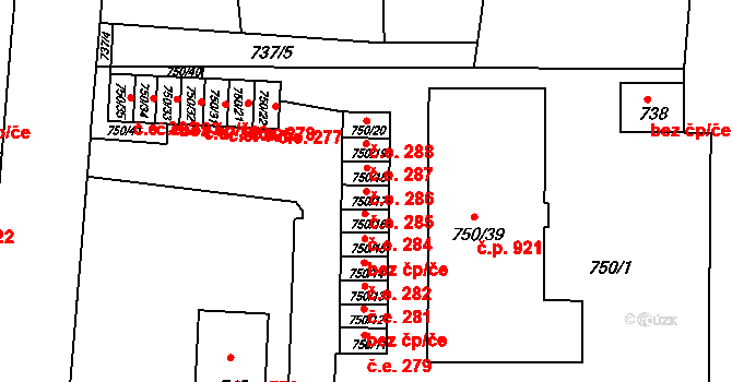 Podbořany 285 na parcele st. 750/17 v KÚ Podbořany, Katastrální mapa