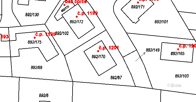 Srubec 1201 na parcele st. 892/170 v KÚ Srubec, Katastrální mapa