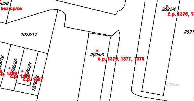 Kostelec nad Orlicí 1377,1378,1379 na parcele st. 2025/9 v KÚ Kostelec nad Orlicí, Katastrální mapa