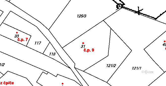 Mokré 9 na parcele st. 31 v KÚ Mokré, Katastrální mapa