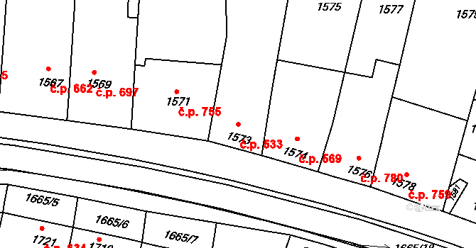 Klobouky u Brna 533 na parcele st. 1573 v KÚ Klobouky u Brna, Katastrální mapa
