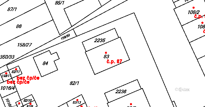 Valtrovice 87 na parcele st. 83 v KÚ Valtrovice, Katastrální mapa