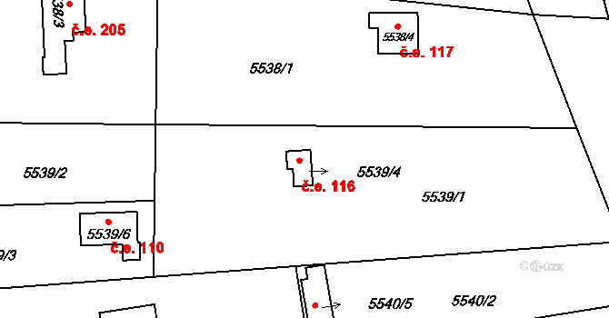 Jihlava 116 na parcele st. 5539/4 v KÚ Jihlava, Katastrální mapa