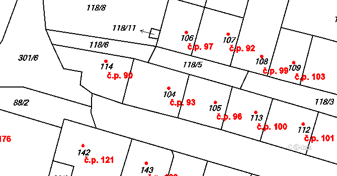 Hospozín 93 na parcele st. 104 v KÚ Hospozín, Katastrální mapa