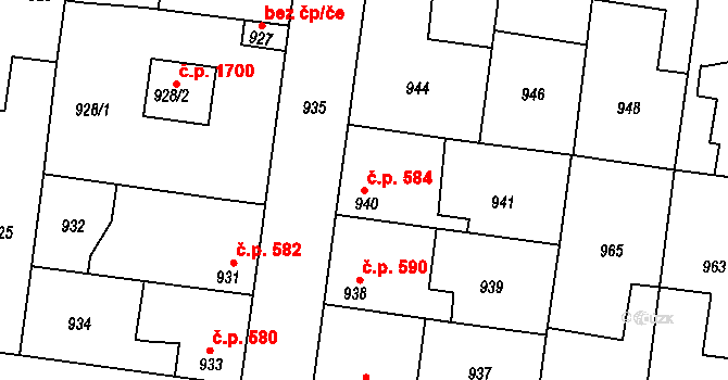 Švermov 584, Kladno na parcele st. 940 v KÚ Motyčín, Katastrální mapa