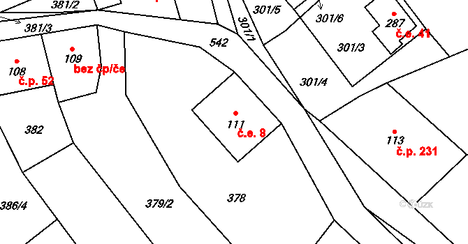 Prácheň 8, Kamenický Šenov na parcele st. 111 v KÚ Prácheň, Katastrální mapa