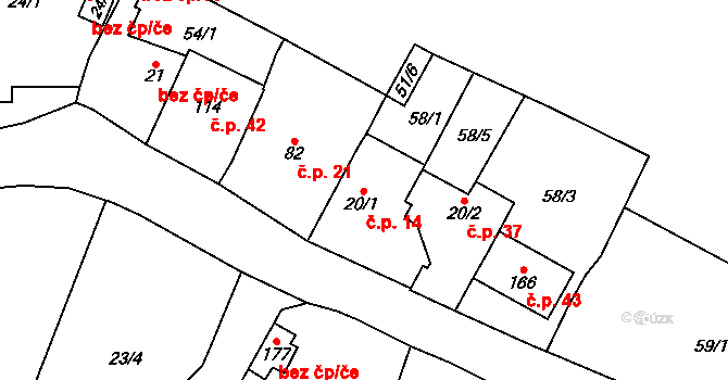 Lysec 14, Bžany na parcele st. 20/1 v KÚ Lysec, Katastrální mapa