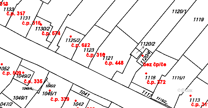 Bosonohy 448, Brno na parcele st. 1121 v KÚ Bosonohy, Katastrální mapa