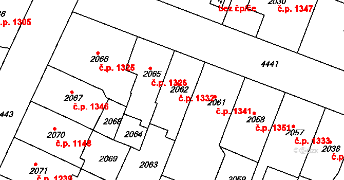 Teplice 1332 na parcele st. 2062 v KÚ Teplice, Katastrální mapa
