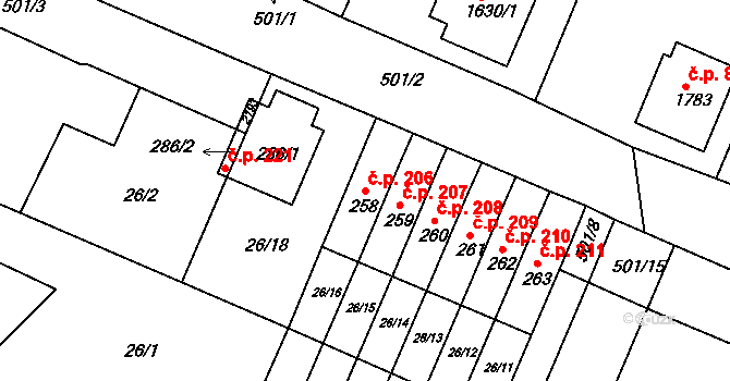 Chudonice 206, Nový Bydžov na parcele st. 258 v KÚ Chudonice, Katastrální mapa