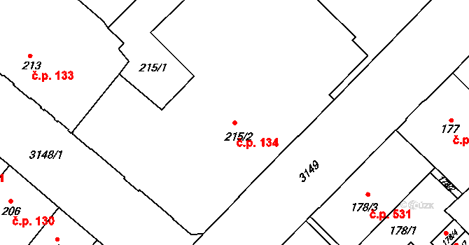 Místek 134, Frýdek-Místek na parcele st. 215/2 v KÚ Místek, Katastrální mapa