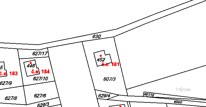 Častonice 181, Křivoklát na parcele st. 452 v KÚ Křivoklát, Katastrální mapa