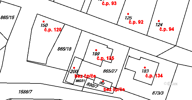 Pšovlky 135 na parcele st. 199 v KÚ Pšovlky, Katastrální mapa