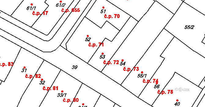 Chomutov 72 na parcele st. 53 v KÚ Chomutov I, Katastrální mapa