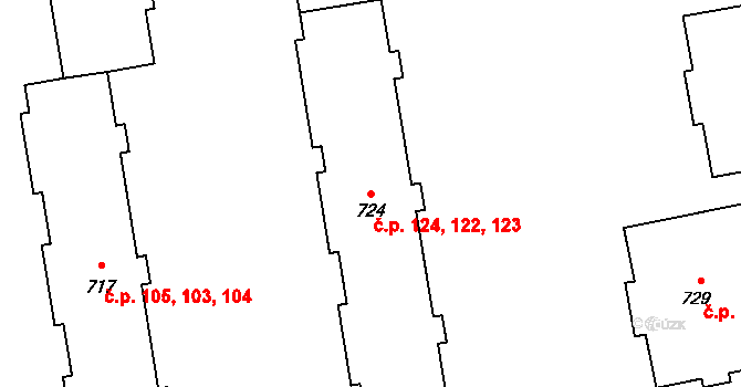 Vsetín 122,123,124 na parcele st. 724 v KÚ Vsetín, Katastrální mapa