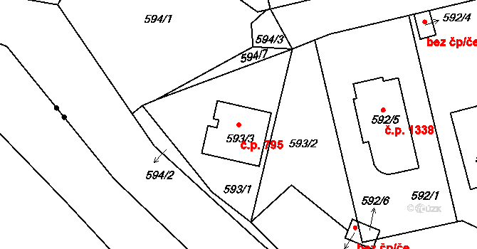 Černice 795, Plzeň na parcele st. 593/3 v KÚ Bručná, Katastrální mapa