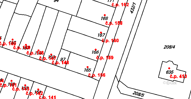 Domamyslice 159, Prostějov na parcele st. 166 v KÚ Domamyslice, Katastrální mapa