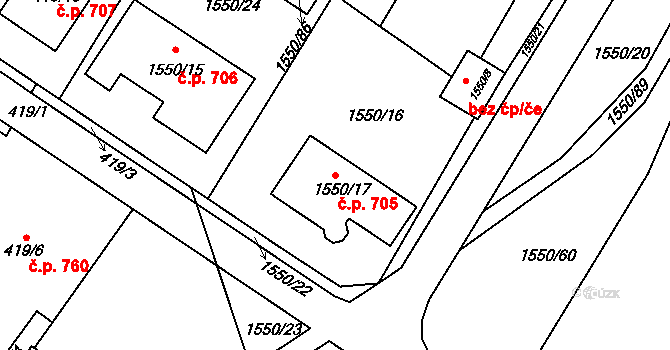 Miřetice u Klášterce nad Ohří 705, Klášterec nad Ohří na parcele st. 1550/17 v KÚ Miřetice u Klášterce nad Ohří, Katastrální mapa