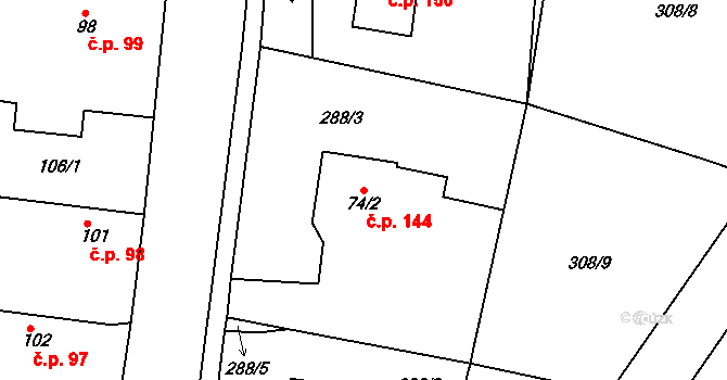 Jabkenice 144 na parcele st. 74/2 v KÚ Jabkenice, Katastrální mapa