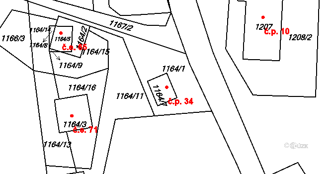Hradce 34 na parcele st. 1164/7 v KÚ Hradce u Homol, Katastrální mapa
