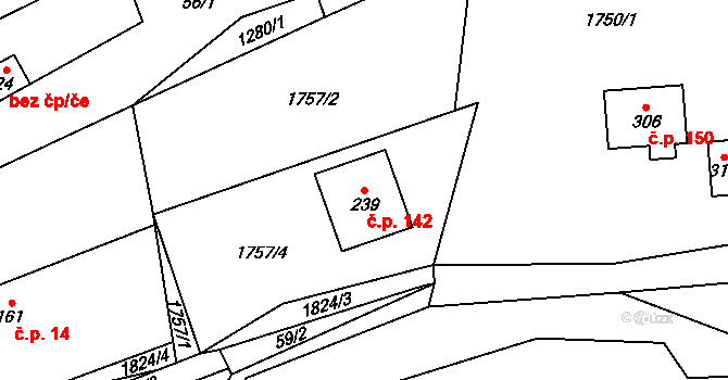 Lutonina 142 na parcele st. 239 v KÚ Lutonina, Katastrální mapa