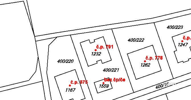Horoměřice 791 na parcele st. 1232 v KÚ Horoměřice, Katastrální mapa